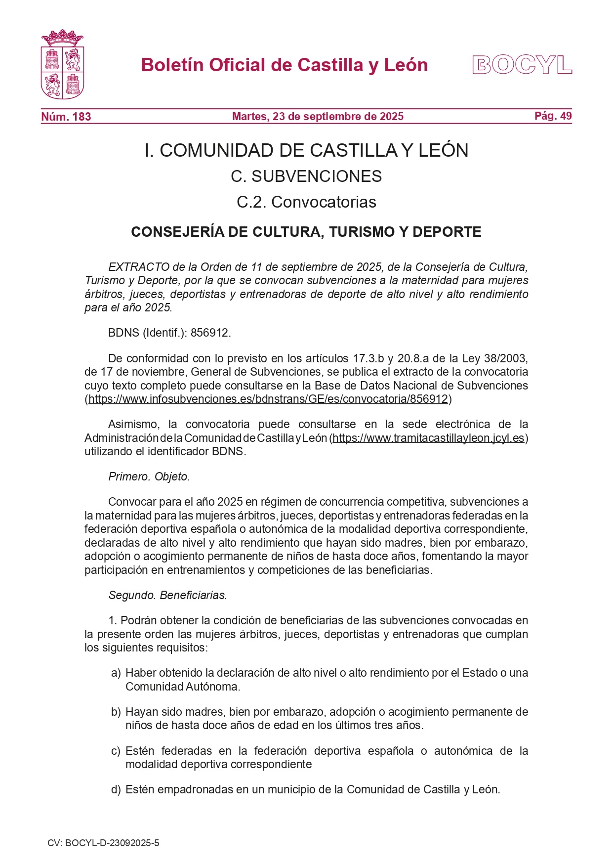 Subvenciones maternidad Deporte JCYL: Publicación Boletín Oficial de Castilla y León de 23 de septiembre