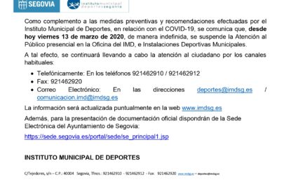 Suspendida la Atención al Público presencial en la Oficina del IMD e Instalaciones Deportivas Municipales