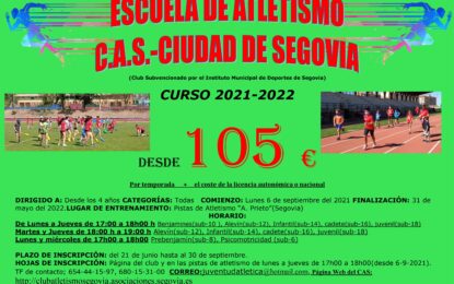 Abierto el plazo de inscripción de la Escuela de Atletismo del CAS-Ciudad de Segovia y Venta Magullo 2021-2022
