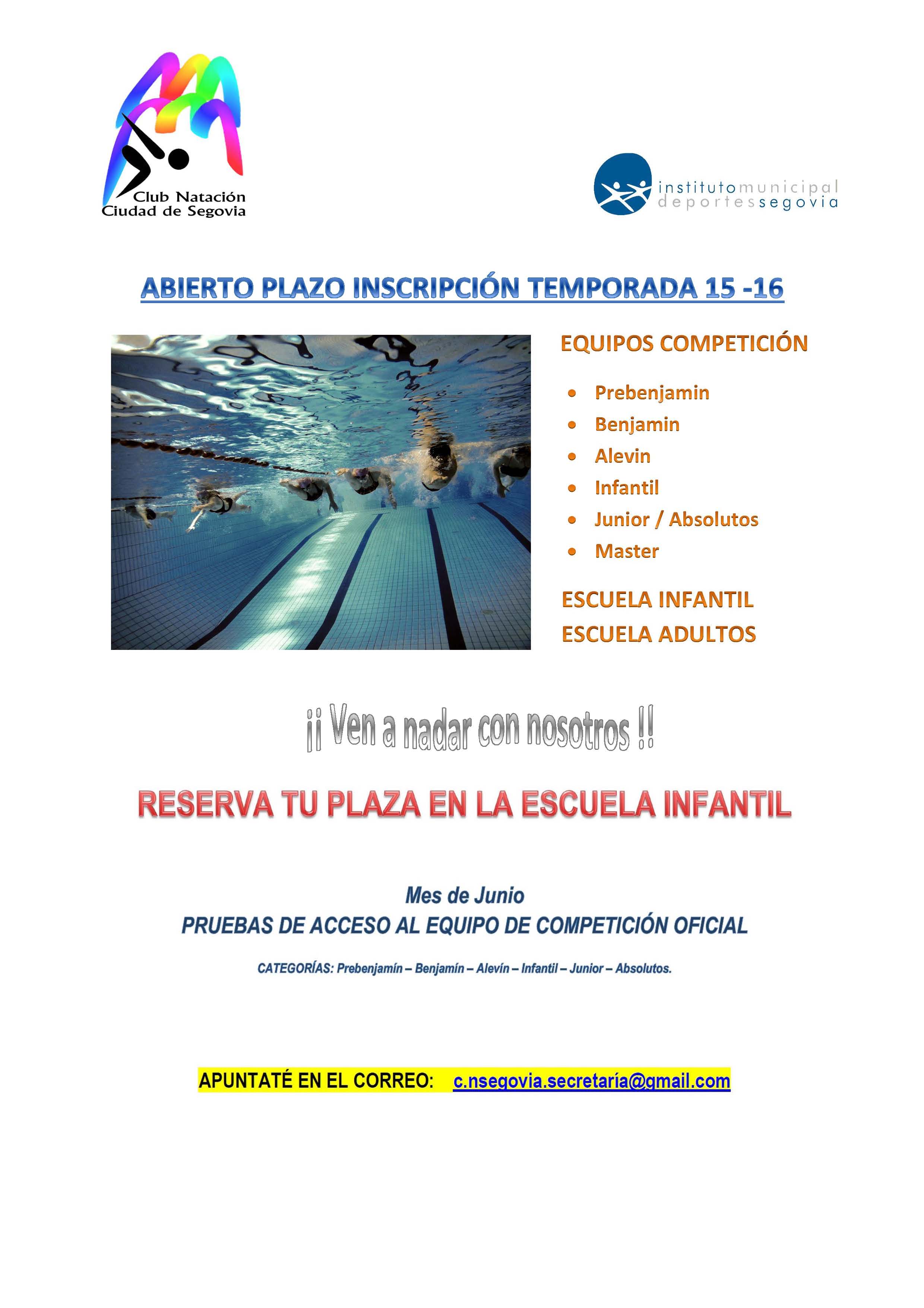 El Club Natación “Ciudad de Segovia” abre el plazo de inscripción para la temporada 2015/16